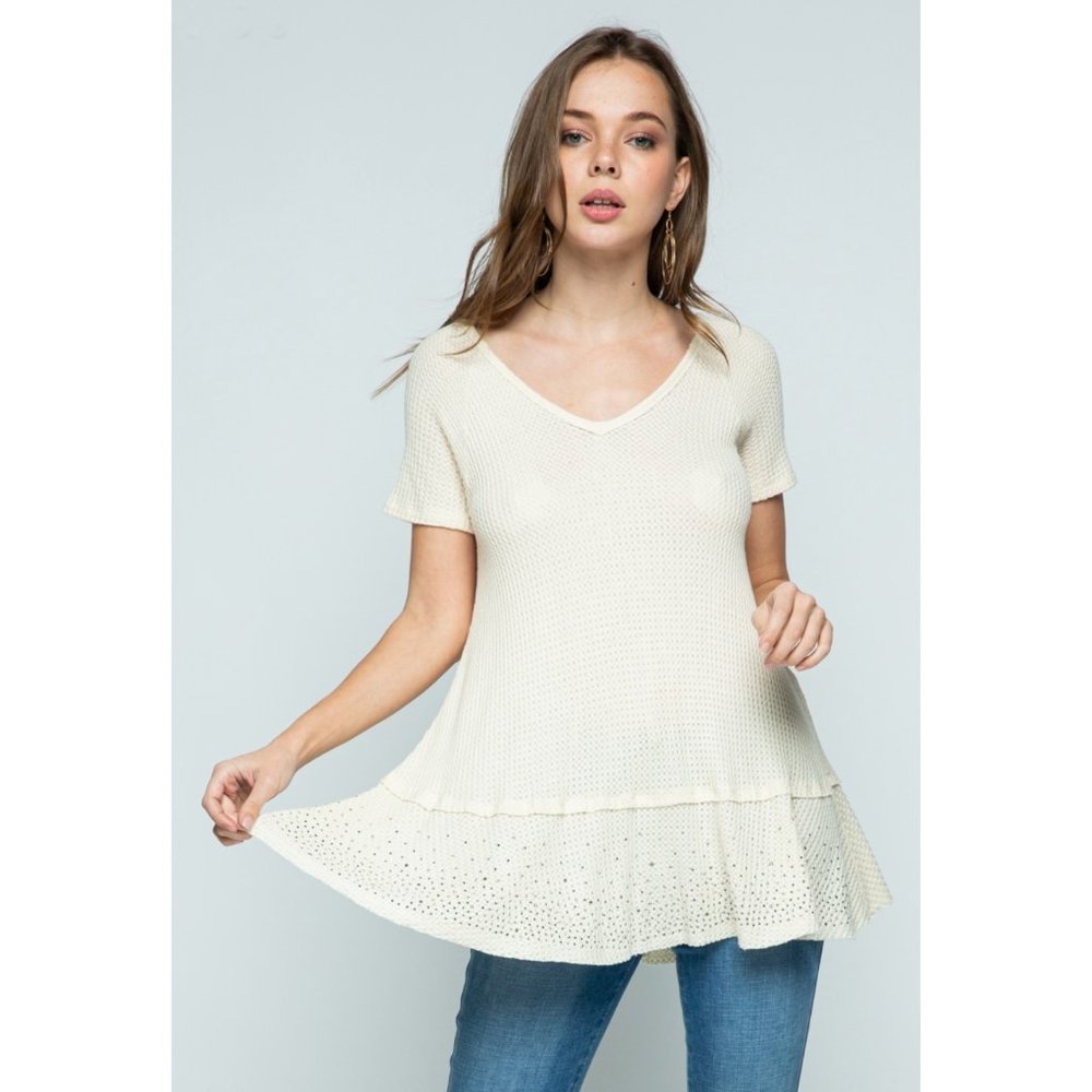 Vocal Waffle Knit Swing Top Sparkle Bling Cream
